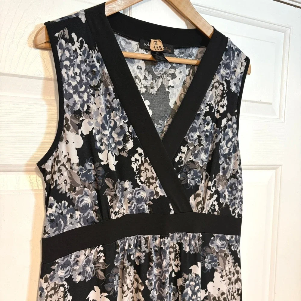 Madmazelle‎ Y2K Black White Floral Sleeveless Stretch Maxi Dress XL Garden Long